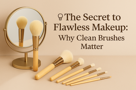 Luxury flat lay with makeup brushes and a mirror on a soft neutral background — Briselle makeup brush care and cleaning blog image