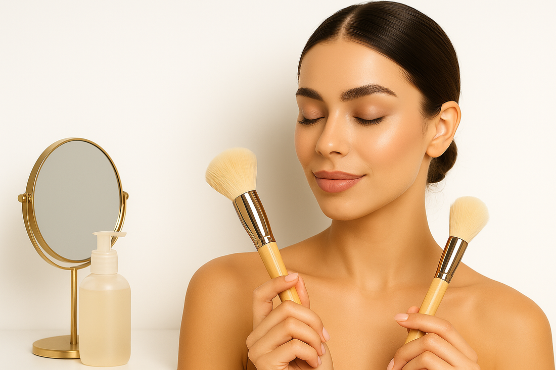 Elegant young woman cleaning makeup brushes at a bright vanity table, representing luxury beauty care and proper makeup brush cleaning routine