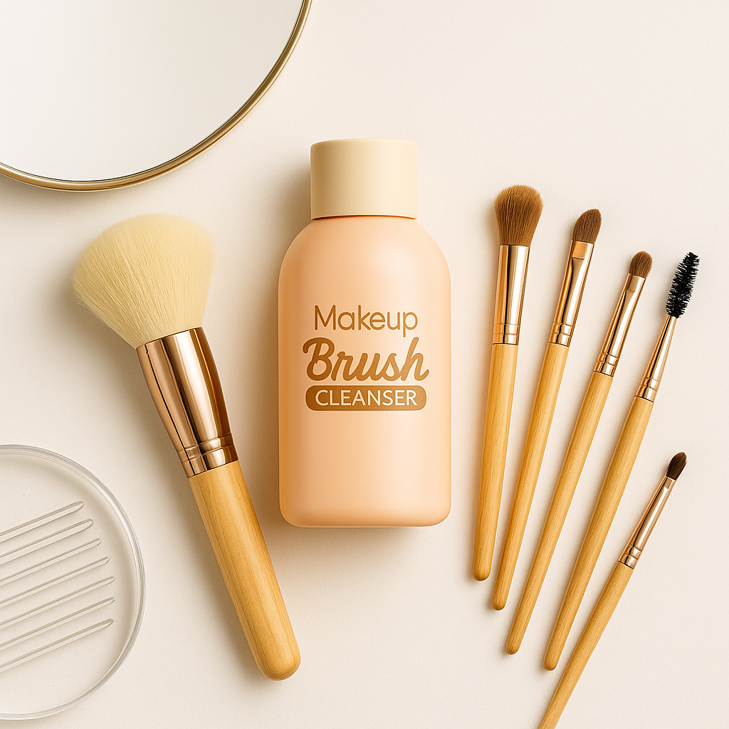Flat lay of luxury makeup brushes and cleansing gel on a clean white background, symbolizing beauty, hygiene, and premium brush care by Briselle