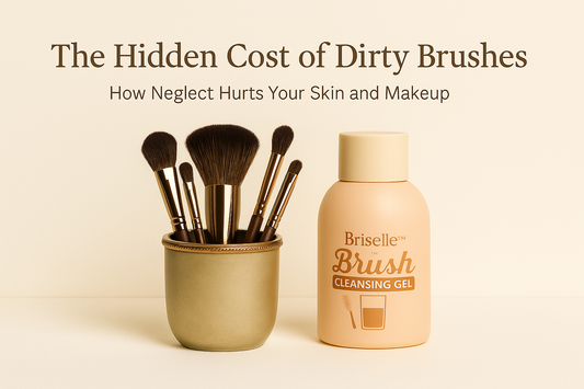 Luxury flat lay of makeup brushes, mirror with makeup residue, and cleansing gel on a cream background - promoting Briselle premium brush care and hygiene