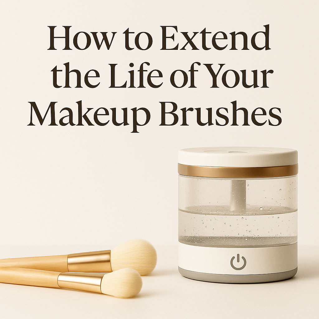 Minimalist beauty flat lay with makeup brushes and gentle cleanser on a light background for a premium skincare and brush care routine.