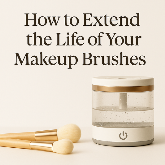 Minimalist beauty flat lay with makeup brushes and gentle cleanser on a light background for a premium skincare and brush care routine.