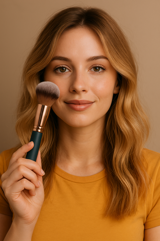 A young woman smiling while holding a makeup brush near her cheek, showcasing clean and soft bristles in a bright, minimal beauty setting