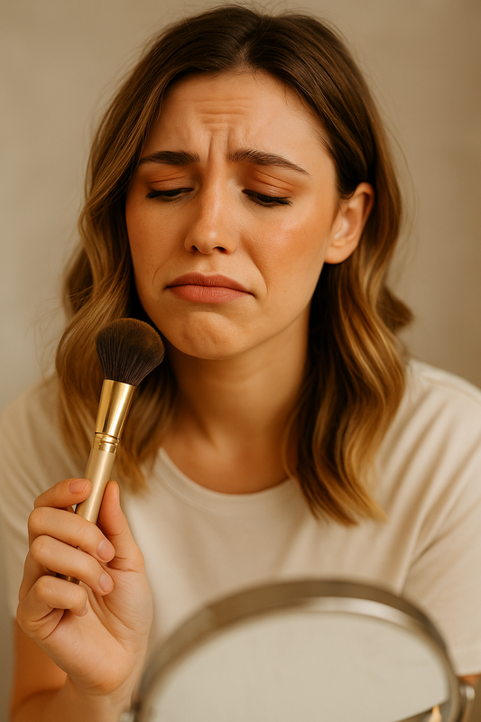 Young woman holding a makeup brush and looking disappointed, highlighting the struggles of using dirty or worn-out makeup tools.
