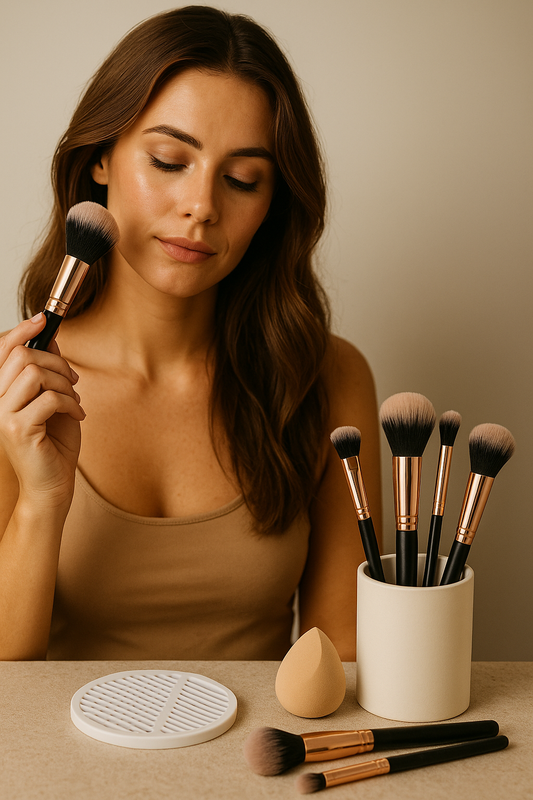 A young woman gently brushing loose powder from a soft makeup brush, with natural lighting and a clean beauty aesthetic, illustrating proper makeup brush care.