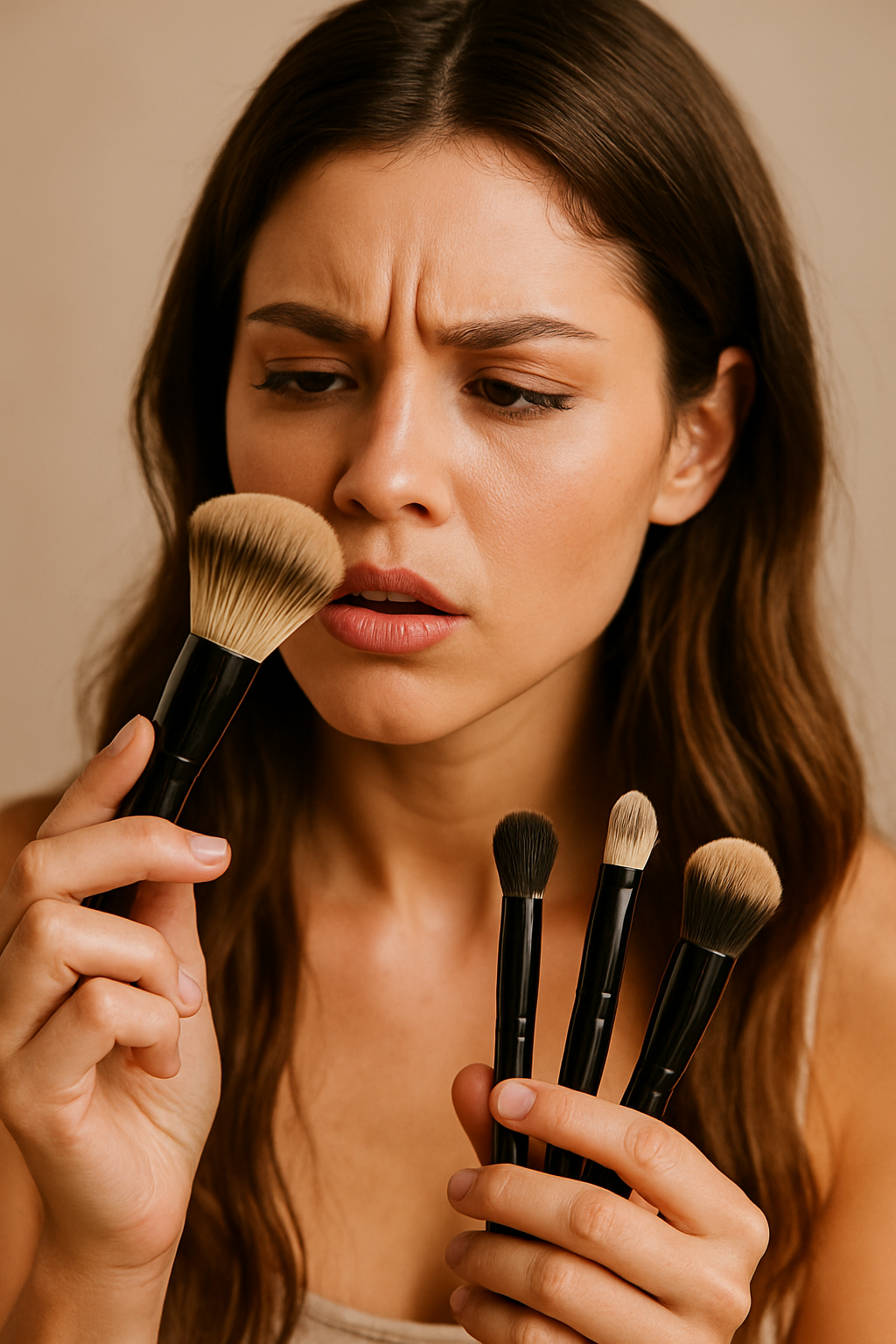 A young woman examining a set of makeup brushes, holding one brush close to her face with a thoughtful, slightly concerned expression, against a warm neutral background