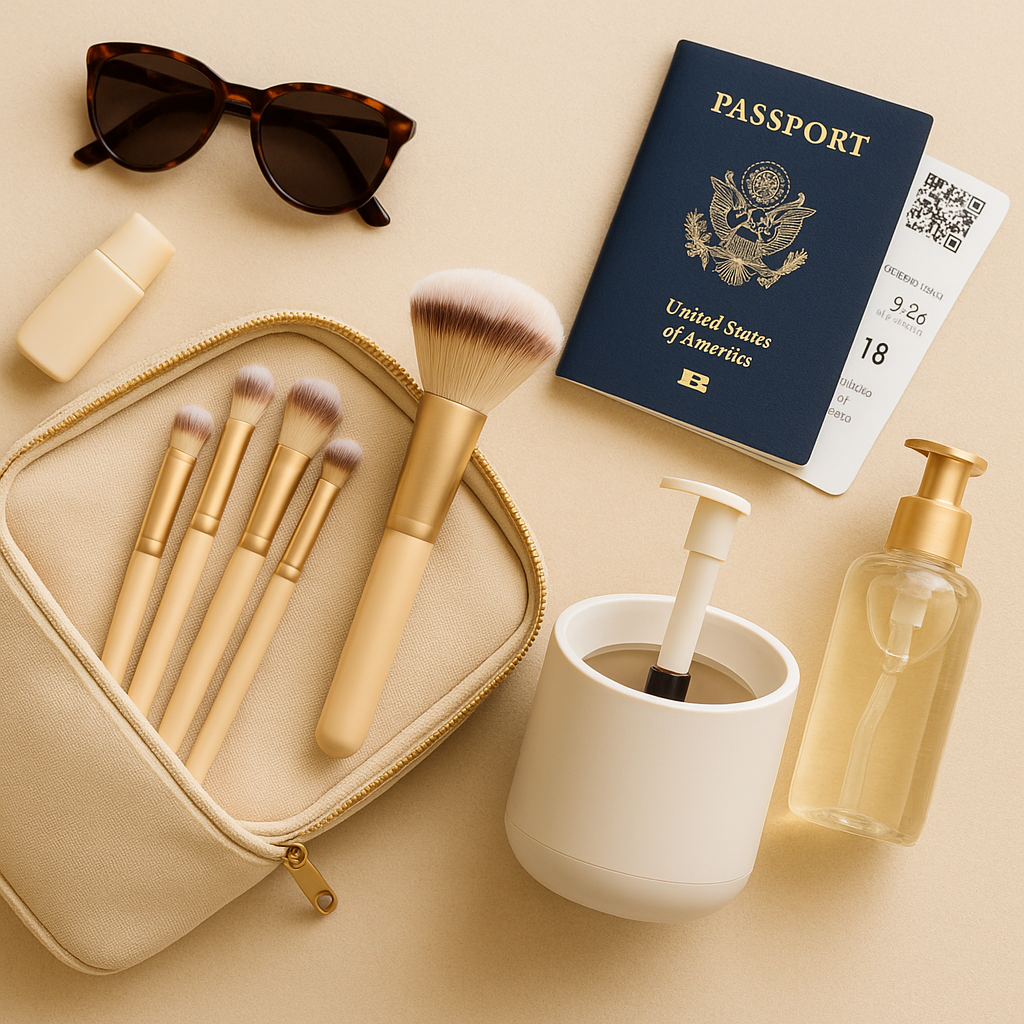 Flat lay of a travel vanity scene on a beige background with an electric makeup brush cleaner, clean makeup brushes, a bottle of brush cleansing gel, an open makeup bag, passport and boarding pass, suggesting easy brush care while traveling