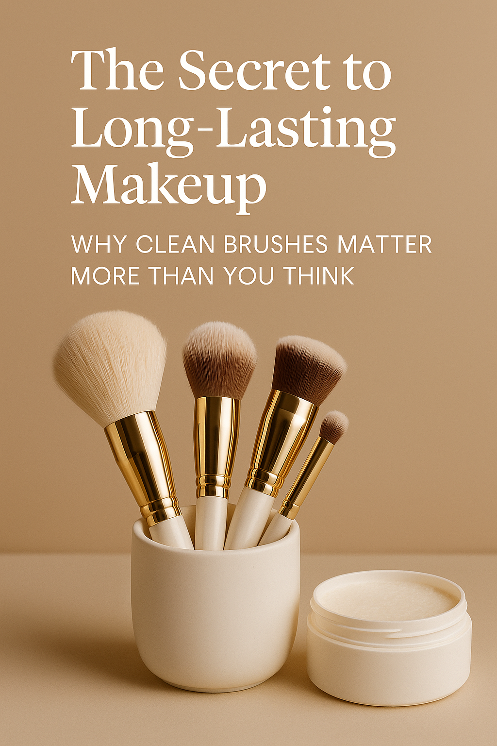Premium makeup brushes in an elegant ceramic cup with a brush-cleaning balm, photographed on a beige background
