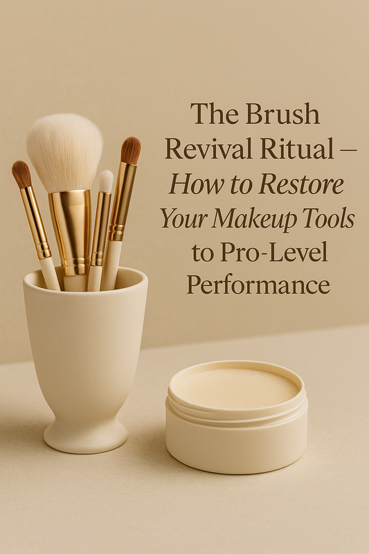 Elegant beige-toned flatlay with premium makeup brushes in a ceramic cup and a brush-cleaning balm, featuring the title ‘The Brush Revival Ritual — How to Restore Your Makeup Tools to Pro-Level Performance
