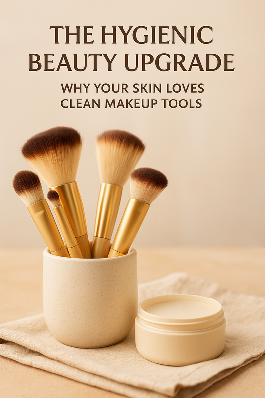 Premium makeup brushes in a ceramic cup with a cleansing balm, placed on a soft beige cloth, with the title ‘The Hygienic Beauty Upgrade - Why Your Skin Loves Clean Makeup Tools