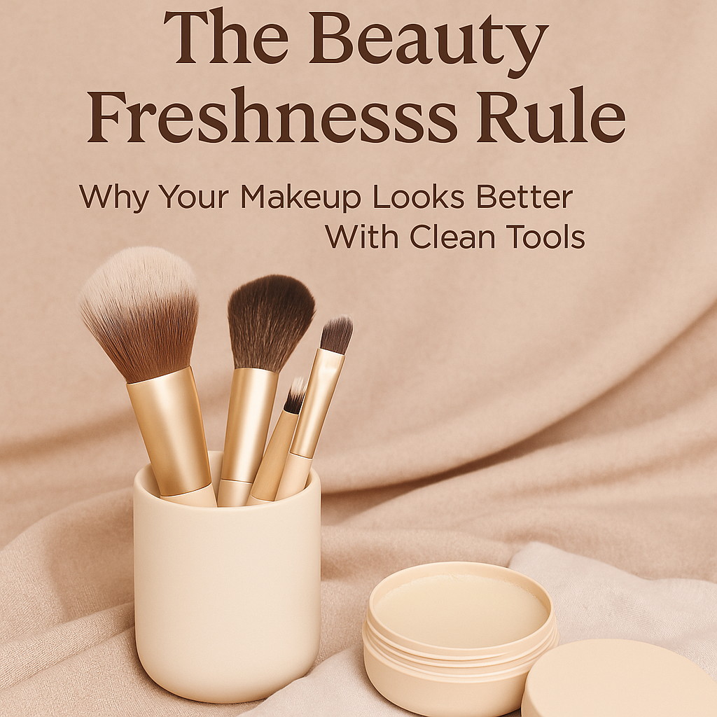 Premium makeup brushes in a matte cream holder next to an open cleansing balm on soft beige fabric, with the title ‘The Beauty Freshness Rule – Why Your Makeup Looks Better With Clean Tools