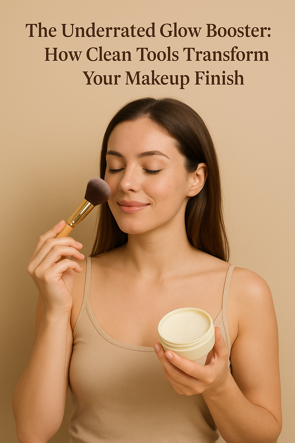 Young woman smiling while cleaning a makeup brush with a cleansing balm, demonstrating the benefits of clean beauty tools, under the title ‘How Clean Tools Transform Your Makeup Finish