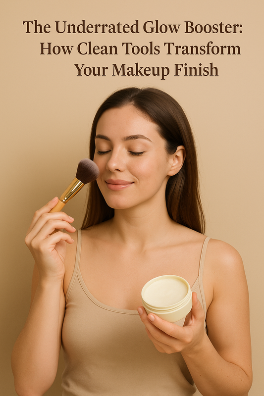 Young woman smiling while cleaning a makeup brush with a cleansing balm, demonstrating the benefits of clean beauty tools, under the title ‘How Clean Tools Transform Your Makeup Finish