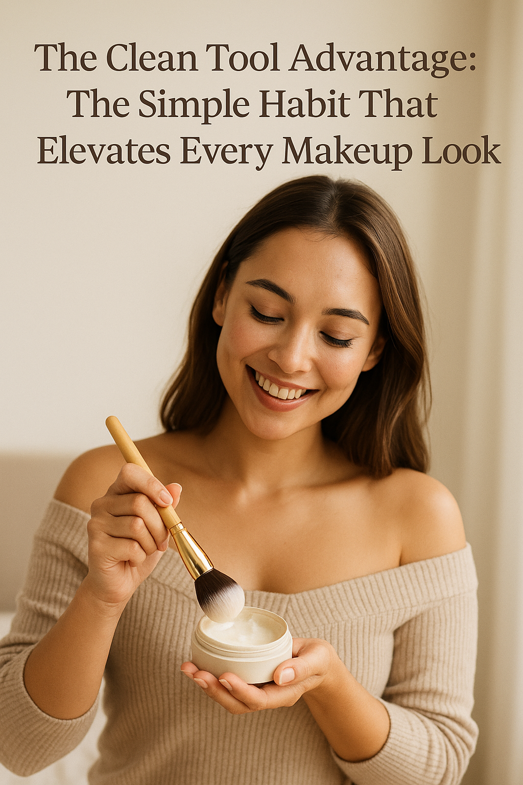 Smiling young woman cleaning a makeup brush with a cleansing balm, demonstrating the benefits of clean beauty tools, with warm natural lighting and a soft neutral background
