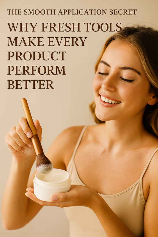 Smiling young woman cleaning a makeup brush in a cleansing balm, demonstrating the benefits of fresh makeup tools, with warm natural lighting and beige background