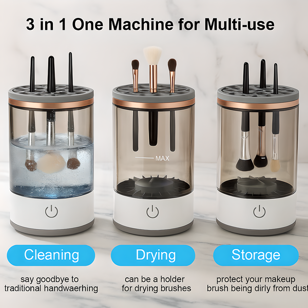 3-in-1 electric makeup brush cleaner showing multi-use functions: cleaning with water, drying brushes upright, and storage to protect from dust. Transparent rinse tank with MAX indicator, gray silicone lid, and one-touch power button.