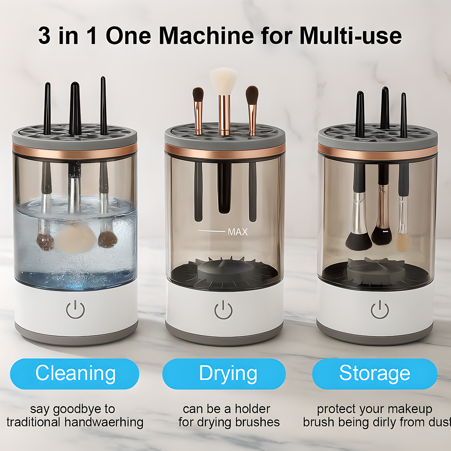 3-in-1 electric makeup brush cleaner showing multi-use functions: cleaning with water, drying brushes upright, and storage to protect from dust. Transparent rinse tank with MAX indicator, gray silicone lid, and one-touch power button.