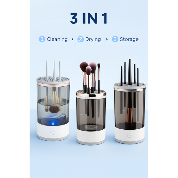 3-in-1 electric makeup brush cleaner for cleaning, drying, and storage. Transparent container with silicone lid and one-button control, showing brushes in three stages of use.