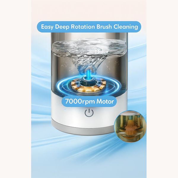 Electric makeup brush cleaner with a 7000rpm motor demonstrating powerful deep rotation cleaning, creating a water vortex effect inside the transparent container, with highlighted motor detail.