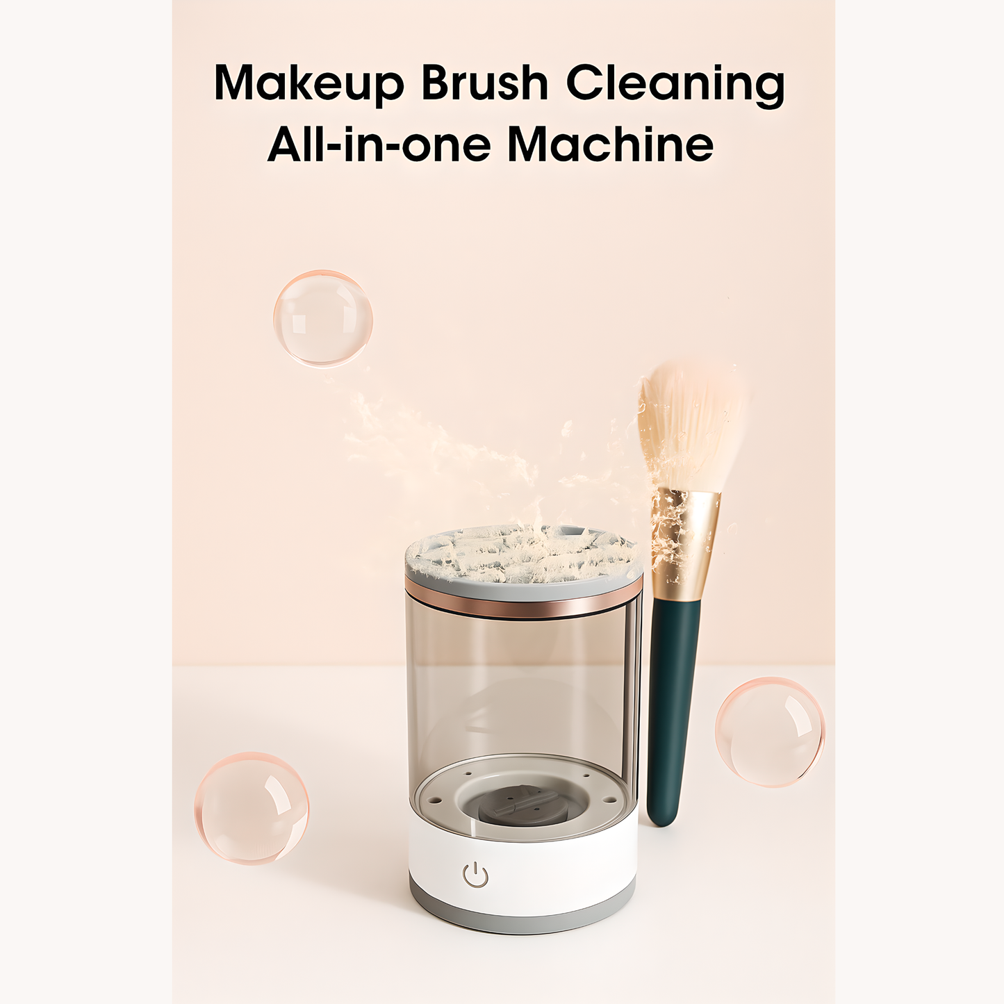 Makeup brush cleaning all-in-one machine with transparent container, silicone lid, and power button, shown with a makeup brush and water splash effect, highlighting deep cleaning capability.