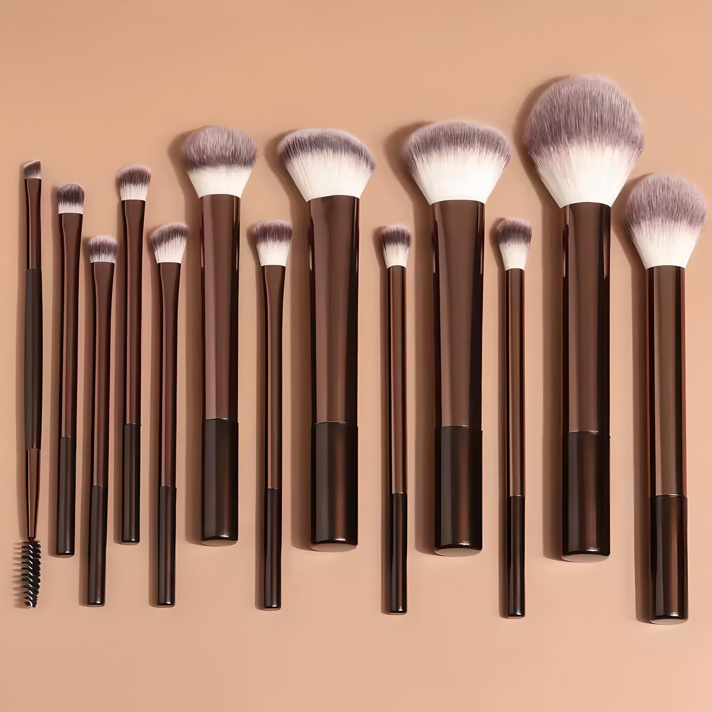 Briselle 13-piece makeup brush set neatly arranged on beige background