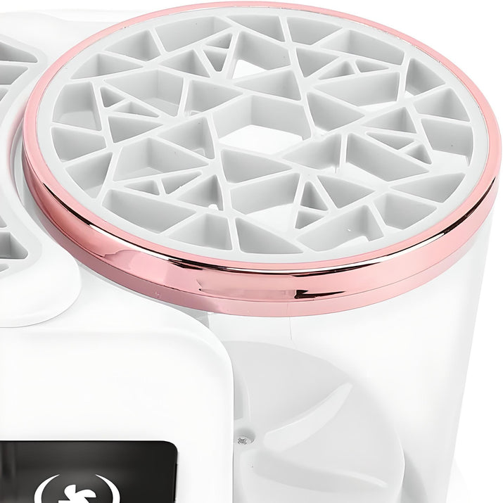 Close-up of electric cosmetic brush cleaner lid with geometric design and rose gold rim