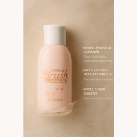Makeup brush cleansing gel bottle with key features text