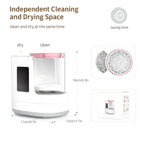 Electric makeup brush cleaner with independent cleaning and drying compartments, product dimensions shown 17 x 12 x 16 cm