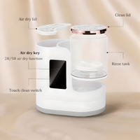 Electric makeup brush cleaner with labeled parts including air dry lid, clean lid, rinse tank, air dry key, and touch clean switch