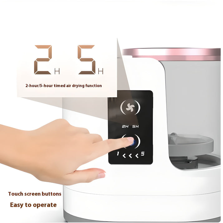 Hand pressing touch screen button on electric makeup brush cleaner with 2-hour and 5-hour air drying timer function