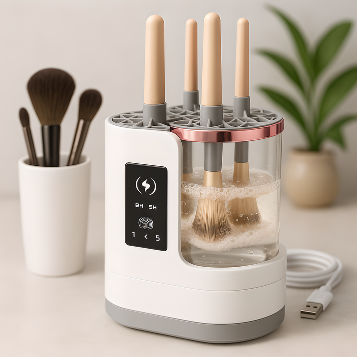 Automatic electric makeup brush cleaner washing multiple brushes in foamy water with USB cable connected