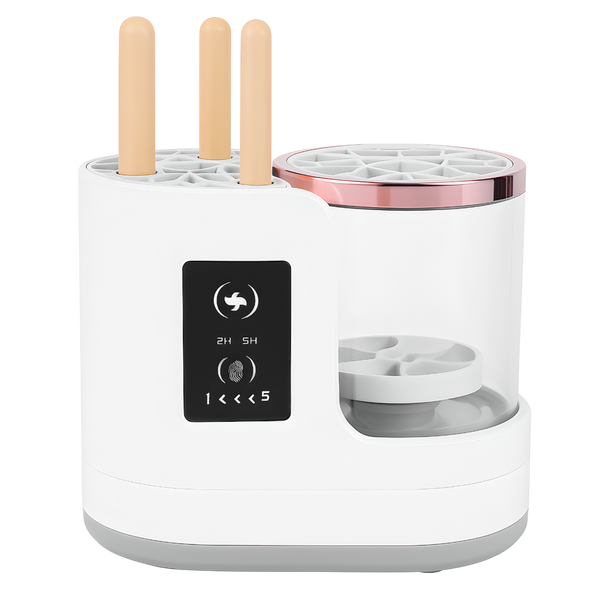 Electric makeup brush cleaner with three brushes inserted into the holder before washing