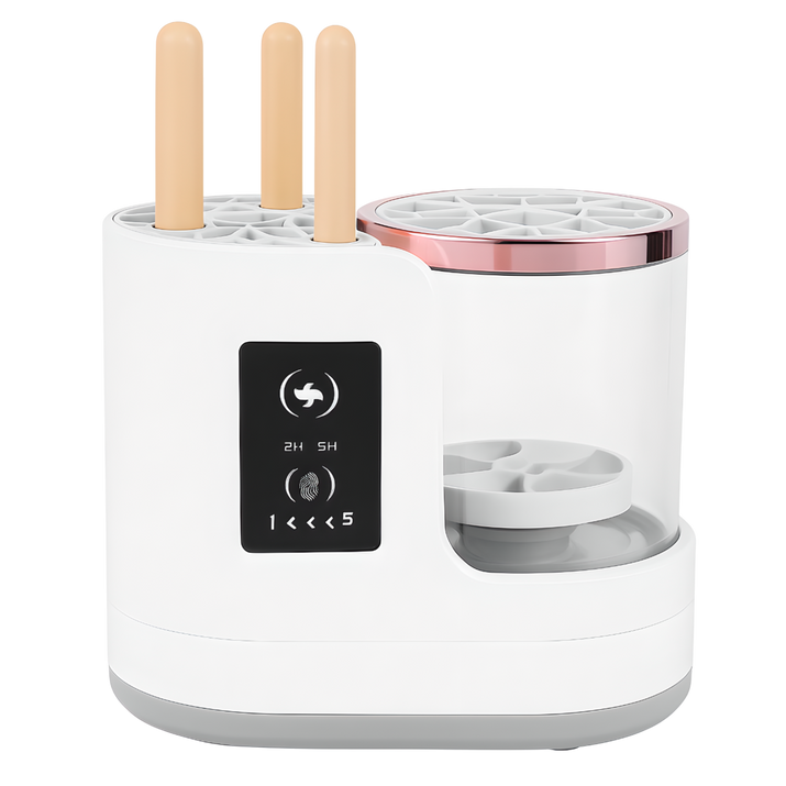 Electric makeup brush cleaner with three brushes inserted into the holder before washing