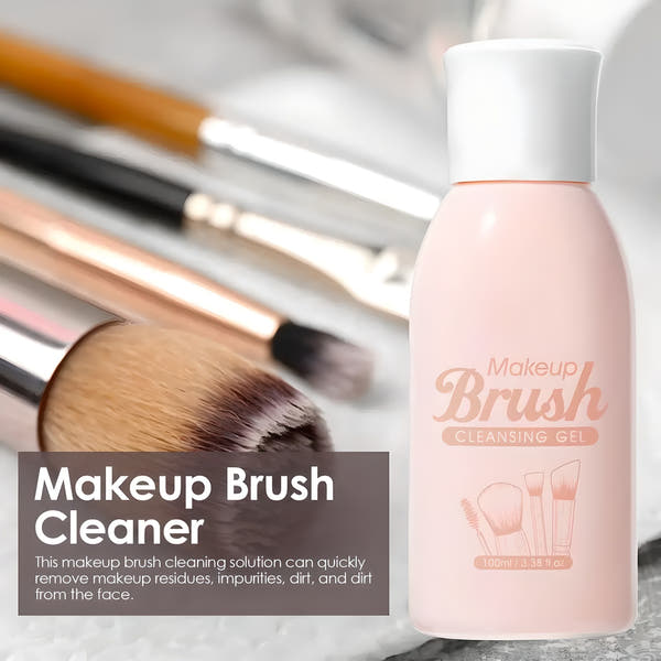 Briselle makeup brush cleansing gel with cosmetic brushes background