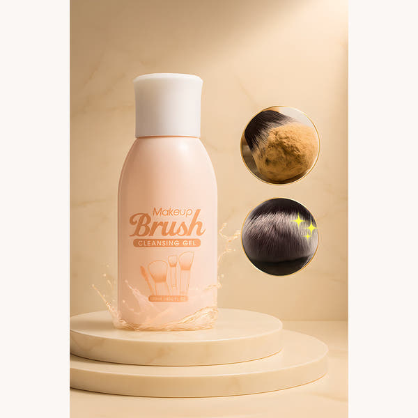 Makeup brush cleansing gel bottle with before and after brush cleaning results