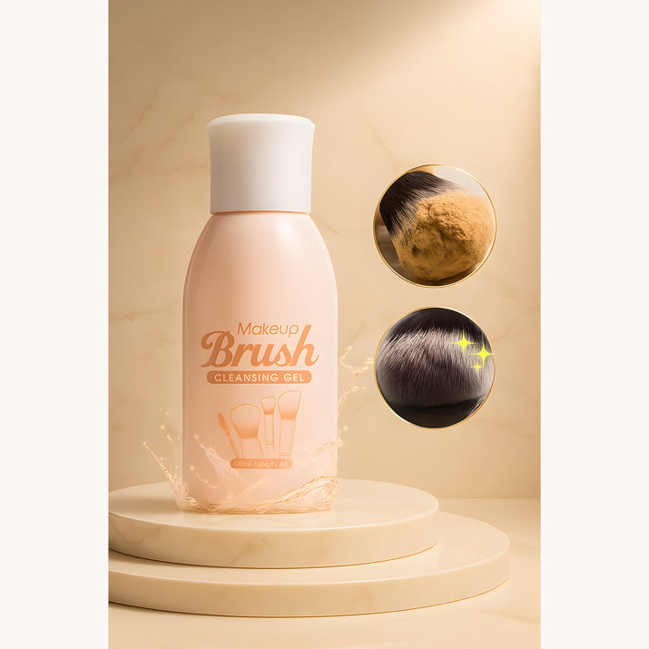 Makeup brush cleansing gel bottle with before and after brush cleaning results