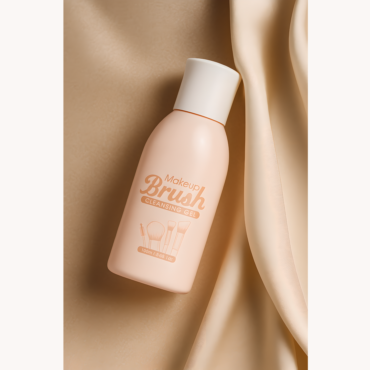 Briselle makeup brush cleansing gel bottle on satin fabric