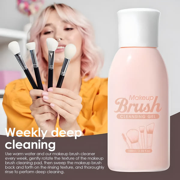 Woman holding makeup brushes with Briselle makeup brush cleansing gel bottle