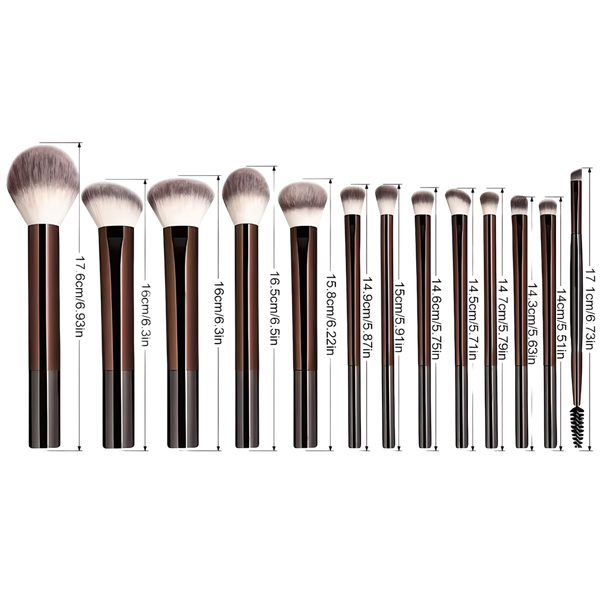 Makeup brush set with detailed sizes in centimeters and inches