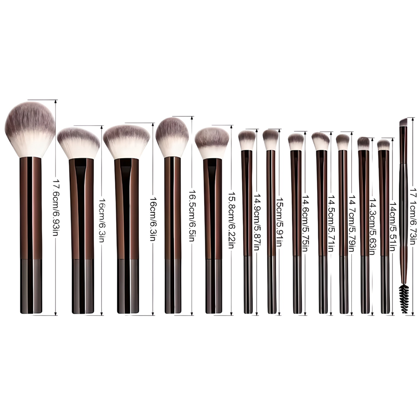 Makeup brush set with detailed sizes in centimeters and inches