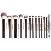 Makeup brush set with detailed sizes in centimeters and inches