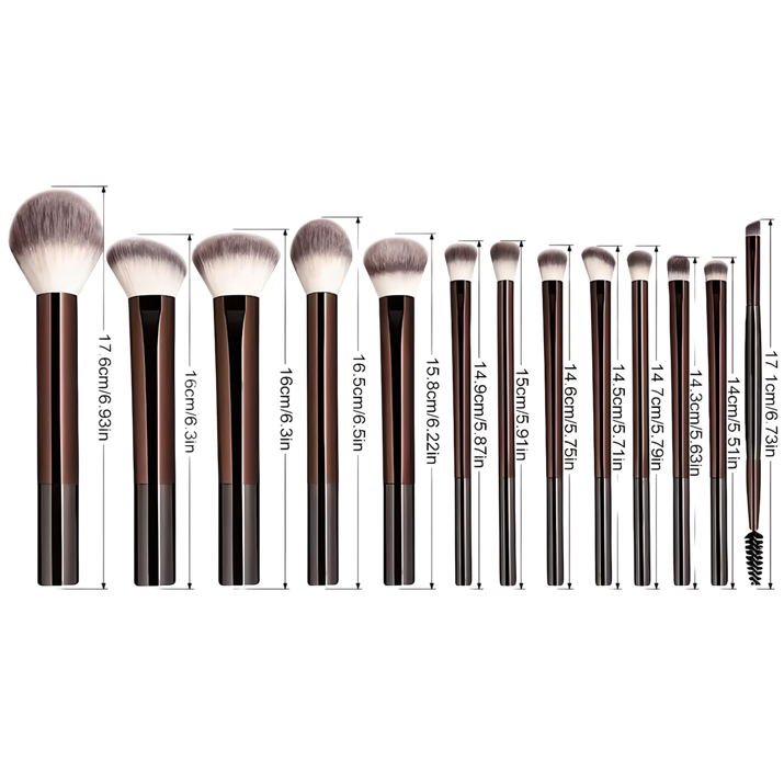 Makeup brush set with detailed sizes in centimeters and inches