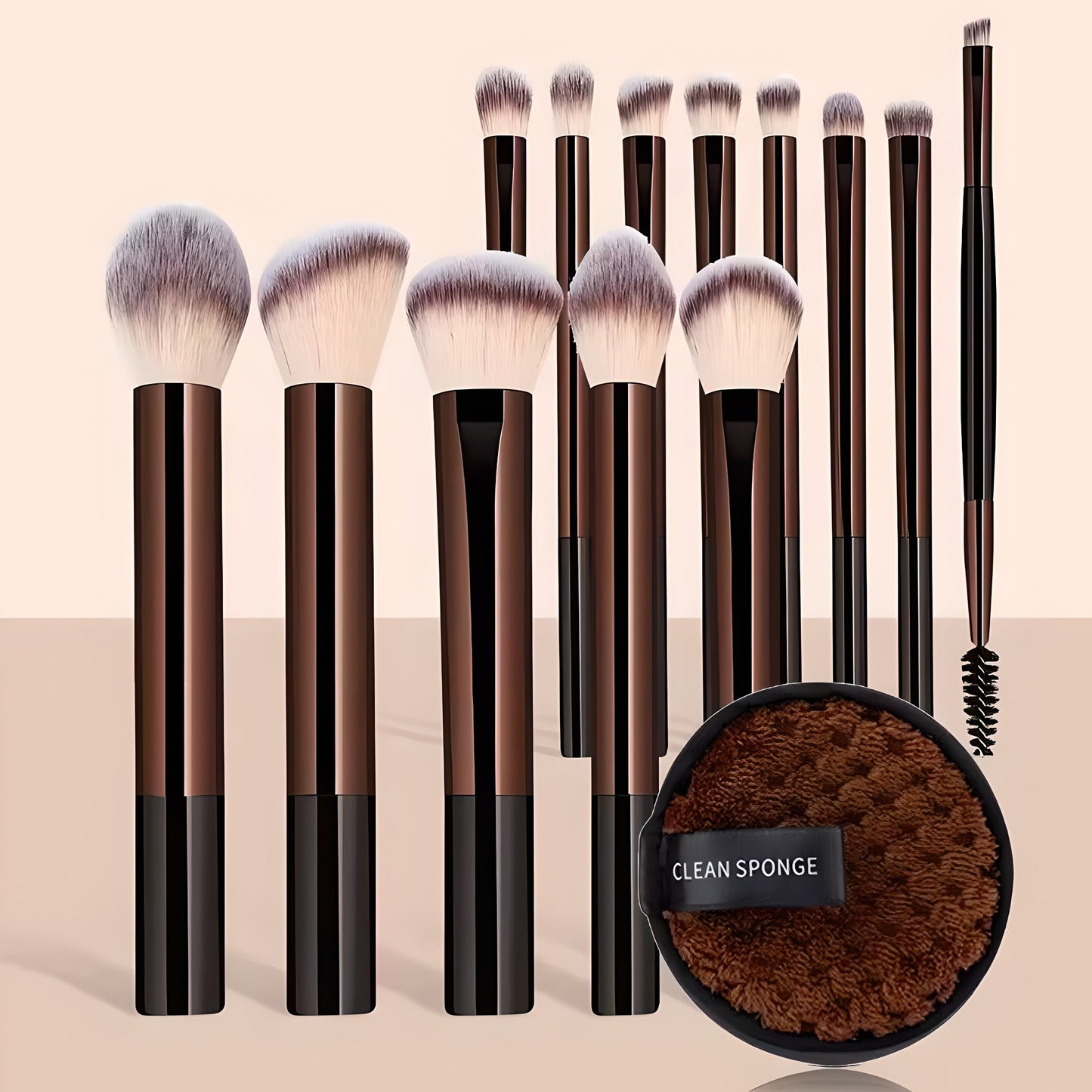 Briselle 13-piece professional makeup brush set with fluffy bristles and brown cleaning sponge
