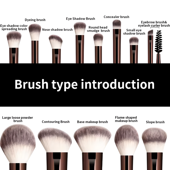 Different types of Briselle makeup brushes including powder, contour, eyeshadow and eyebrow brushes with labels