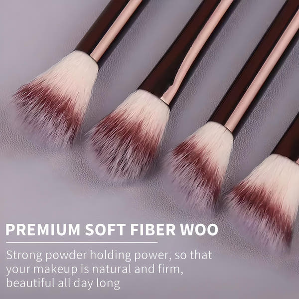 Briselle premium soft fiber makeup brushes with fluffy bristles and rose gold handles on gray background
