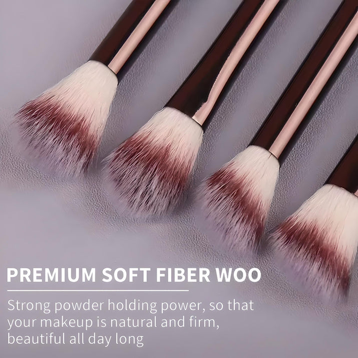 Briselle premium soft fiber makeup brushes with fluffy bristles and rose gold handles on gray background