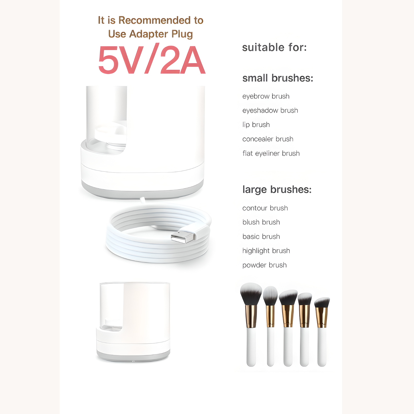 Instruction image showing electric makeup brush cleaner with USB charging cable, 5V/2A adapter recommendation, and compatibility with small brushes (eyebrow, eyeshadow, lip, concealer, eyeliner) and large brushes (contour, blush, basic, highlight, powder)