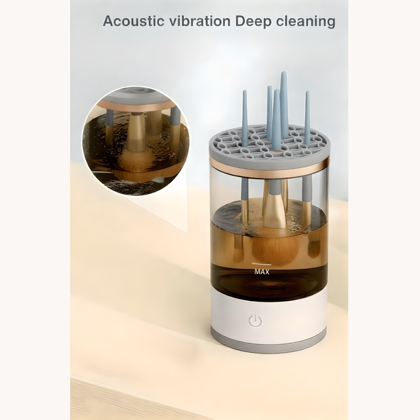 Electric makeup brush cleaner with multiple brushes submerged in water, demonstrating acoustic vibration deep cleaning technology for effective dirt removal.