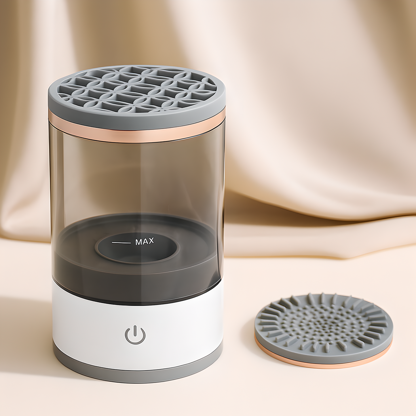 Electric makeup brush cleaner with detachable rinse tank, non-slip base, and power button. Includes a removable silicone lid with a patterned design for holding multiple brush sizes.