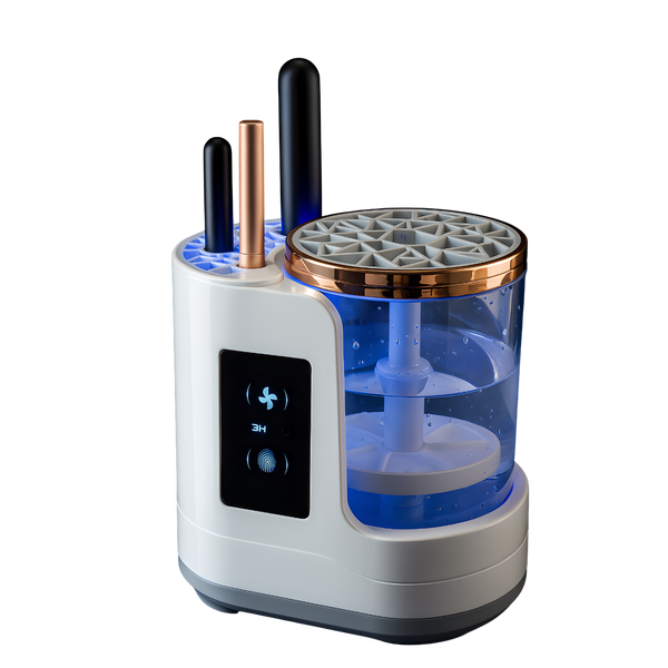 Electric makeup brush cleaner and dryer machine with water tank and smart touch panel for professional brush cleaning.
